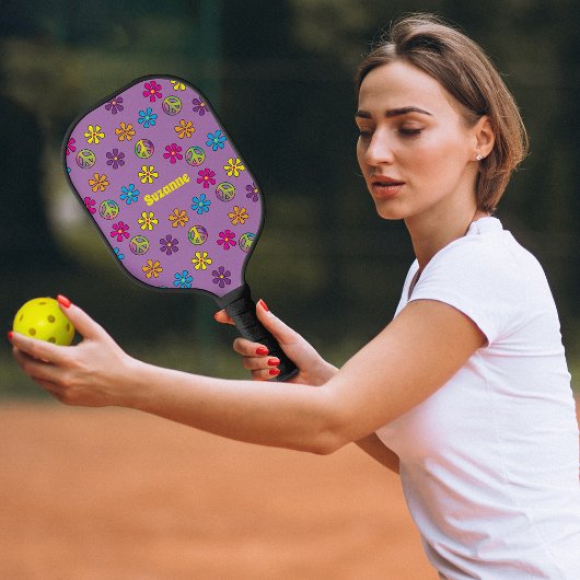 Groovy Hippie Peace and Flower Shower Pickleball Paddle