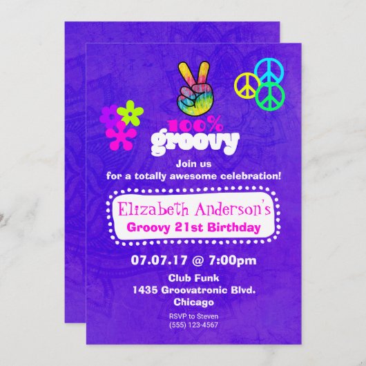 Groovy Hippie Theme Birthday Party Kaart (Voorkant / Achterkant)