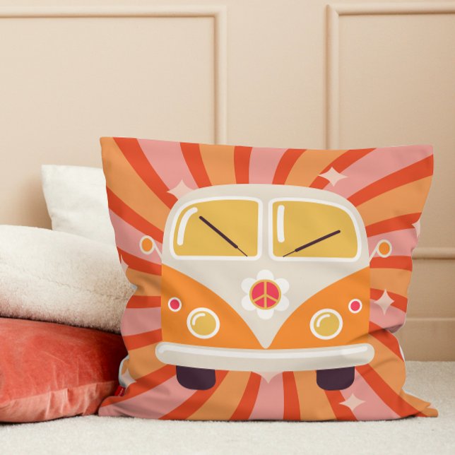 Groovy Hippie Van Roze & Sinaasappel 60s Retro Kussen (Groovy Hippie Van Pink & Orange 60s Retro Throw Pillow teen girl college dorm room decor decoration)