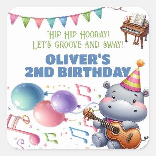 "Groovy Hippo Birthday Bash Bonanza!" Uitnodiging Vierkante Sticker (Voorkant)