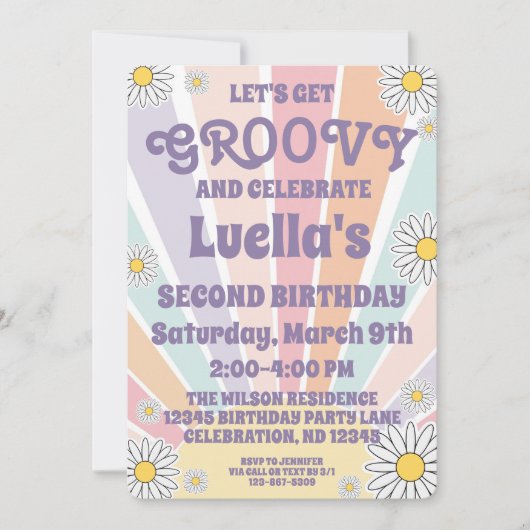 Groovy Hippy Sun & Daisy Girls Birthday Invitation Kaart (Voorkant)