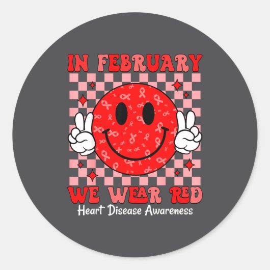 Groovy In February We Wear Red For Heart Disease A Ronde Sticker (Voorkant)