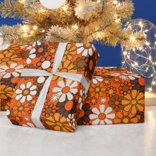 Groovy jaren 70 Retro Bloemen Sinaasappel en Bruin Cadeaupapier