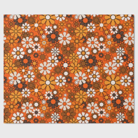 Groovy jaren 70 Retro Bloemen Sinaasappel en Bruin Cadeaupapier (Vlak)