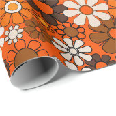 Groovy jaren 70 Retro Bloemen Sinaasappel en Bruin Cadeaupapier (Rol Hoek)