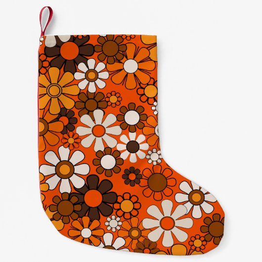 Groovy jaren 70 Retro Bloemen Sinaasappel en Bruin Kleine Kerstsok (Voorkant)