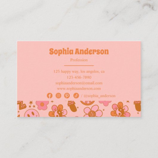 Groovy jaren 70 Retro Hippie Roze & Sinaasappel Fu Visitekaartje (Achterkant)