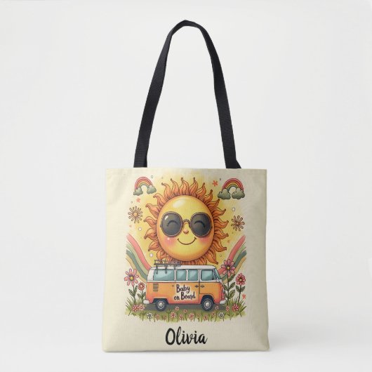 Groovy jaren 70 Retro Smiling Zon, Vrede & Liefde  Tote Bag (Voorkant)