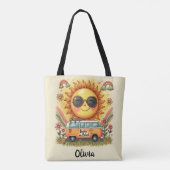Groovy jaren 70 Retro Smiling Zon, Vrede & Liefde Tote Bag (Achterkant)