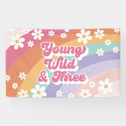 Groovy jong wild drie retro regenboog 3e verjaarda spandoek (Horizontaal)
