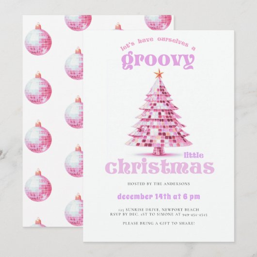 Groovy Kerst Disco Roze Kerstfeest Uitnodiging (Voorkant / Achterkant)