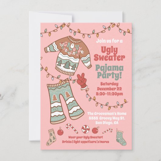 Groovy Kerst Hippie Lelijk Sweater Pyjama Party Kaart (Voorkant)