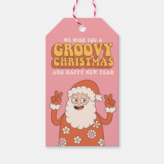 Groovy kerstkerkersen kerstkersen Santa Funny Retr Cadeaulabel (Voorkant)