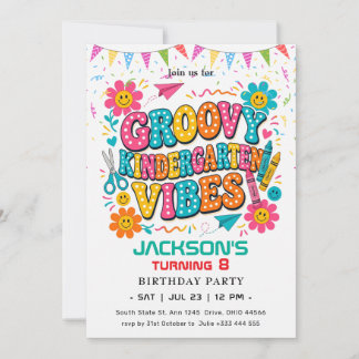 "Groovy Kindergarten Vibes" Retro Verjaardag Kaart