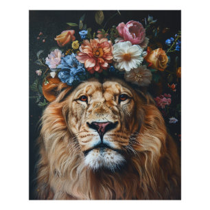 Groovy King: Retro-leeuw met een bloemenkroon Foto Afdruk