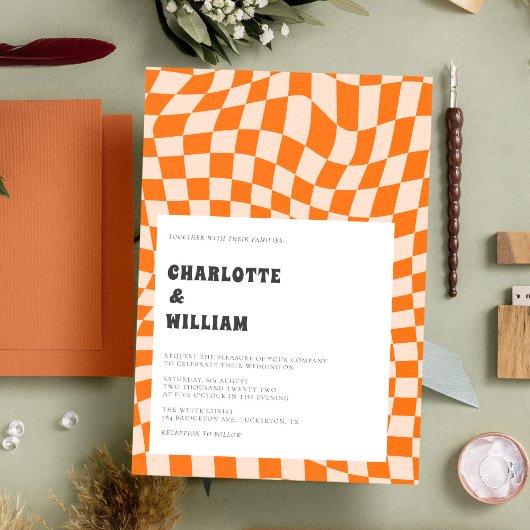 Groovy kleurrijke geruite unieke retro bruiloft kaart