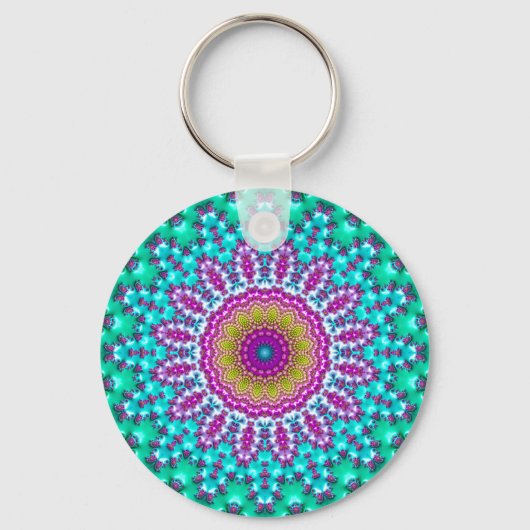 Groovy Kleurrijke Jewel Tone Boho Fractal Mandala Sleutelhanger (Voorkant)