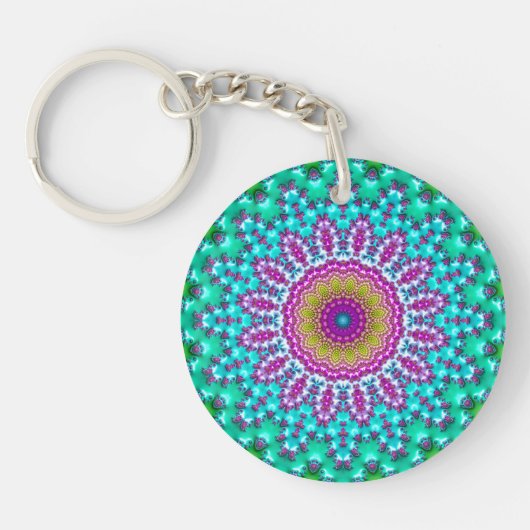 Groovy Kleurrijke Jewel Tone Boho Fractal Mandala Sleutelhanger (Voorkant)
