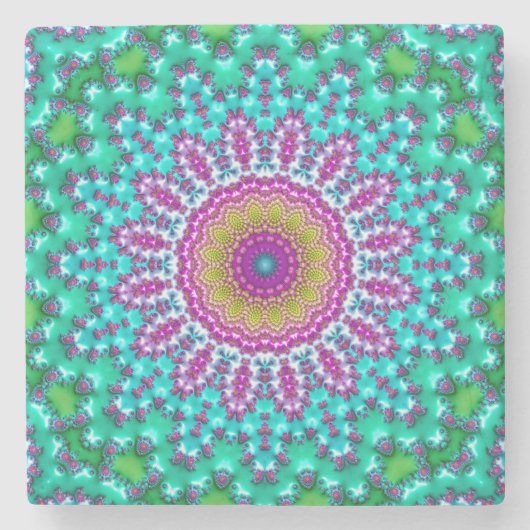 Groovy Kleurrijke Jewel Tone Boho Fractal Mandala Stenen Onderzetter (Voorkant)