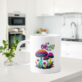 Groovy kleurrijke psychedelische paddenstoelen grote koffiekop