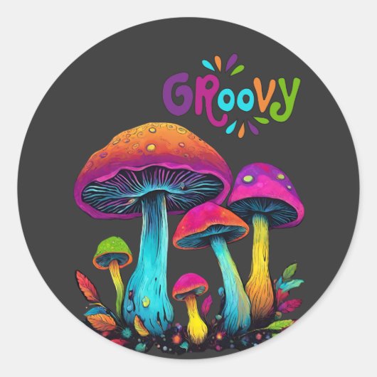 Groovy kleurrijke psychedelische paddenstoelen ronde sticker (Voorkant)
