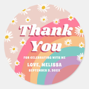 Groovy Kleurrijke Regenboog & Daisy Verjaardag Dan Ronde Sticker