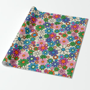 Groovy Kleurrijke Retro 60s 70s Bloemenpatroon Cadeaupapier