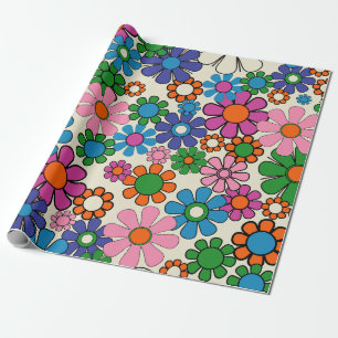 Groovy Kleurrijke Retro 60s 70s Bloemenpatroon Cadeaupapier