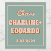 Groovy Kleurrijke Retro Roze Blauw Bruiloft Sparkl Wijn Etiket (Enkel label)