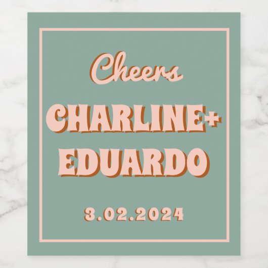 Groovy Kleurrijke Retro Roze Blauw Bruiloft Sparkl Wijn Etiket (Enkel label)