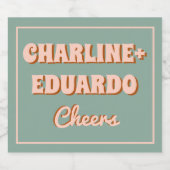 Groovy Kleurrijke Retro Roze Blauwe Bruiloft Sparkling Wijnetiket (Enkel label)