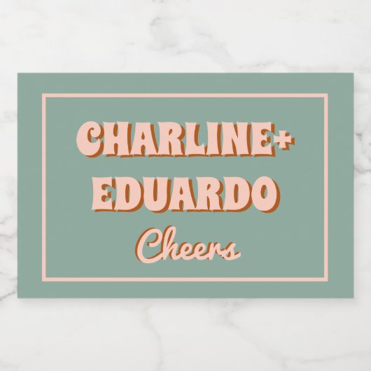 Groovy Kleurrijke Retro Roze Blauwe Bruiloft Sparkling Wijnetiket (Enkel label)