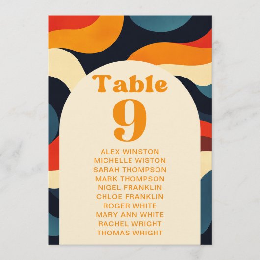 Groovy Kleurrijke Retro Tafel Nummer Zitting Grafi Kaart (Voorkant)