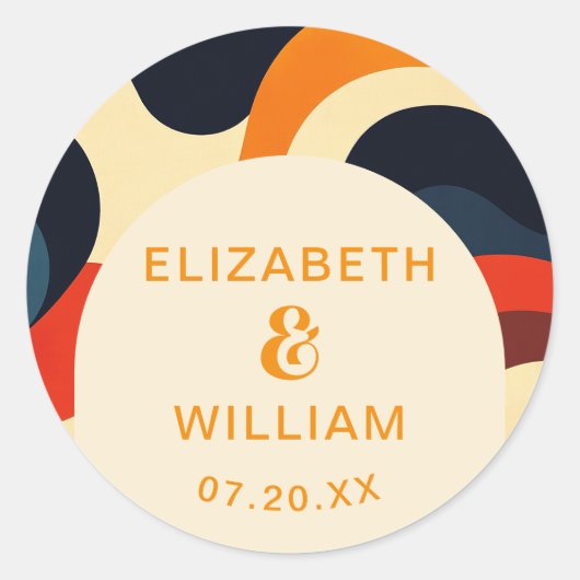 Groovy Kleurrijke Retro Wavy Boho Huwelijksgunst Ronde Sticker (Voorkant)
