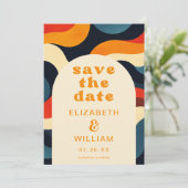 Groovy Kleurrijke Retro Wavy Boho Trouwfoto Save The Date (Staand voorkant)