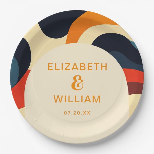 Groovy Kleurrijke Retro Wavy Boho Wedding Papieren Bordje (Voorkant)