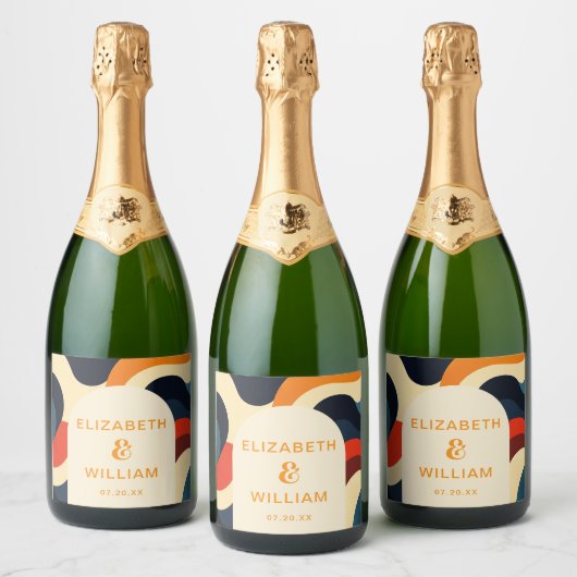 Groovy Kleurrijke Retro Wavy Boho Wedding Sparkling Wijnetiket (Flessen)