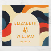 Groovy Kleurrijke Retro Wavy Boho Wedding Sparkling Wijnetiket (Enkel label)