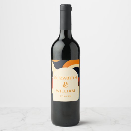 Groovy Kleurrijke Retro Wavy Boho Wedding Wijn Etiket (Voorkant)