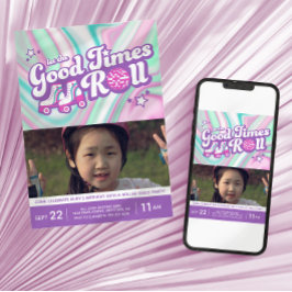 Groovy Kleurrijke Swirls Roller Disco Party Foto Kaart