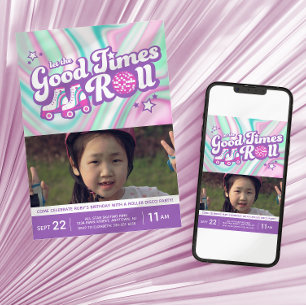 Groovy Kleurrijke Swirls Roller Disco Party Foto Kaart