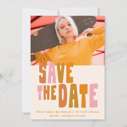 Groovy Kleurrijke Unieke Retro Bat Mitswa Foto Save The Date (Voorkant)