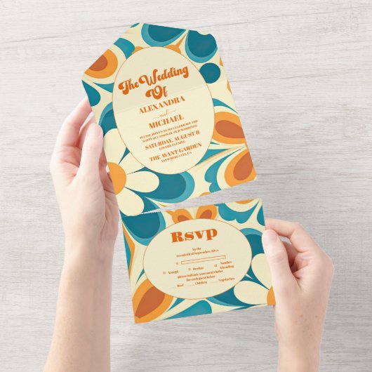 Groovy kleurrijke unieke retro bruiloft all in one uitnodiging (Afscheurbaar)