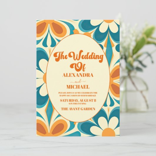 Groovy kleurrijke unieke retro bruiloft kaart (Staand voorkant)