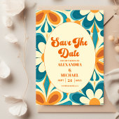 Groovy kleurrijke unieke retro bruiloft save the date