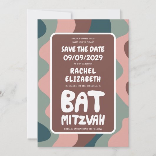 Groovy Kleurrijke Waves Custom Bat Bar Bnai Mitzva Save The Date (Voorkant)