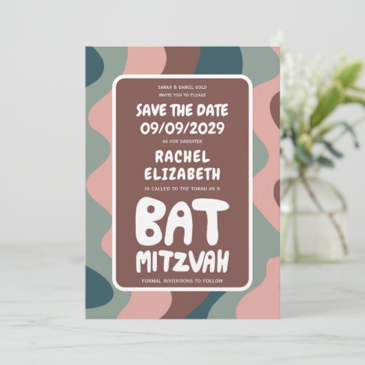 Groovy Kleurrijke Waves Custom Bat Bar Bnai Mitzva Save The Date (Staand voorkant)