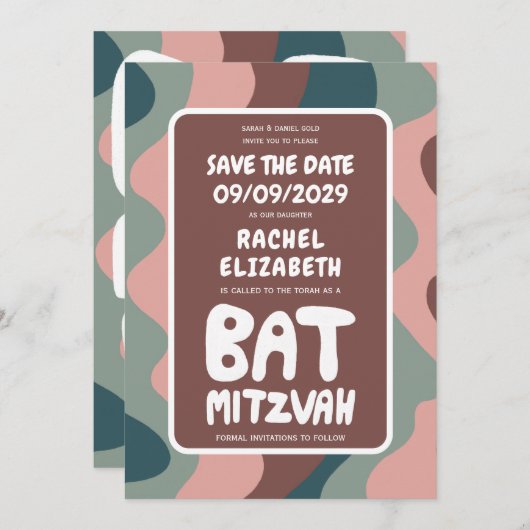 Groovy Kleurrijke Waves Custom Bat Bar Bnai Mitzva Save The Date (Voorkant / Achterkant)