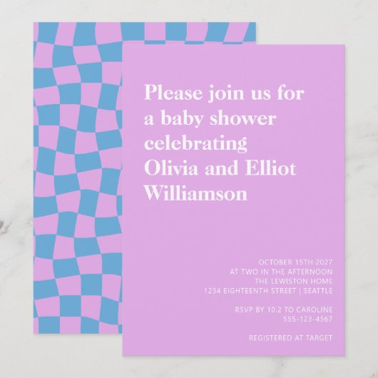 Groovy Lavender Checkerboard Cute Baby shower Kaart (Voorkant / Achterkant)