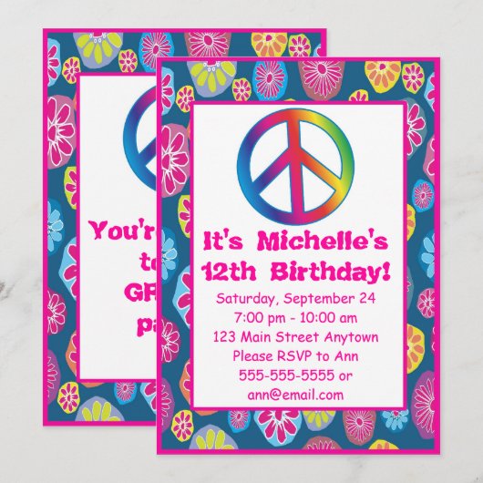 Groovy Love Peace Birthday Party Invitations 1960 Kaart (Voorkant / Achterkant)